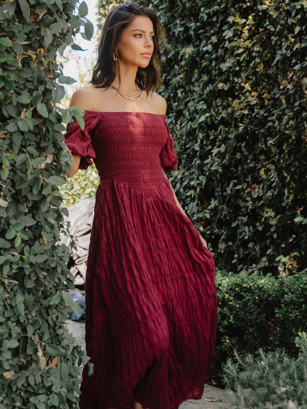 Böhme Beckie Smocked Maxi Dress in Burgundy